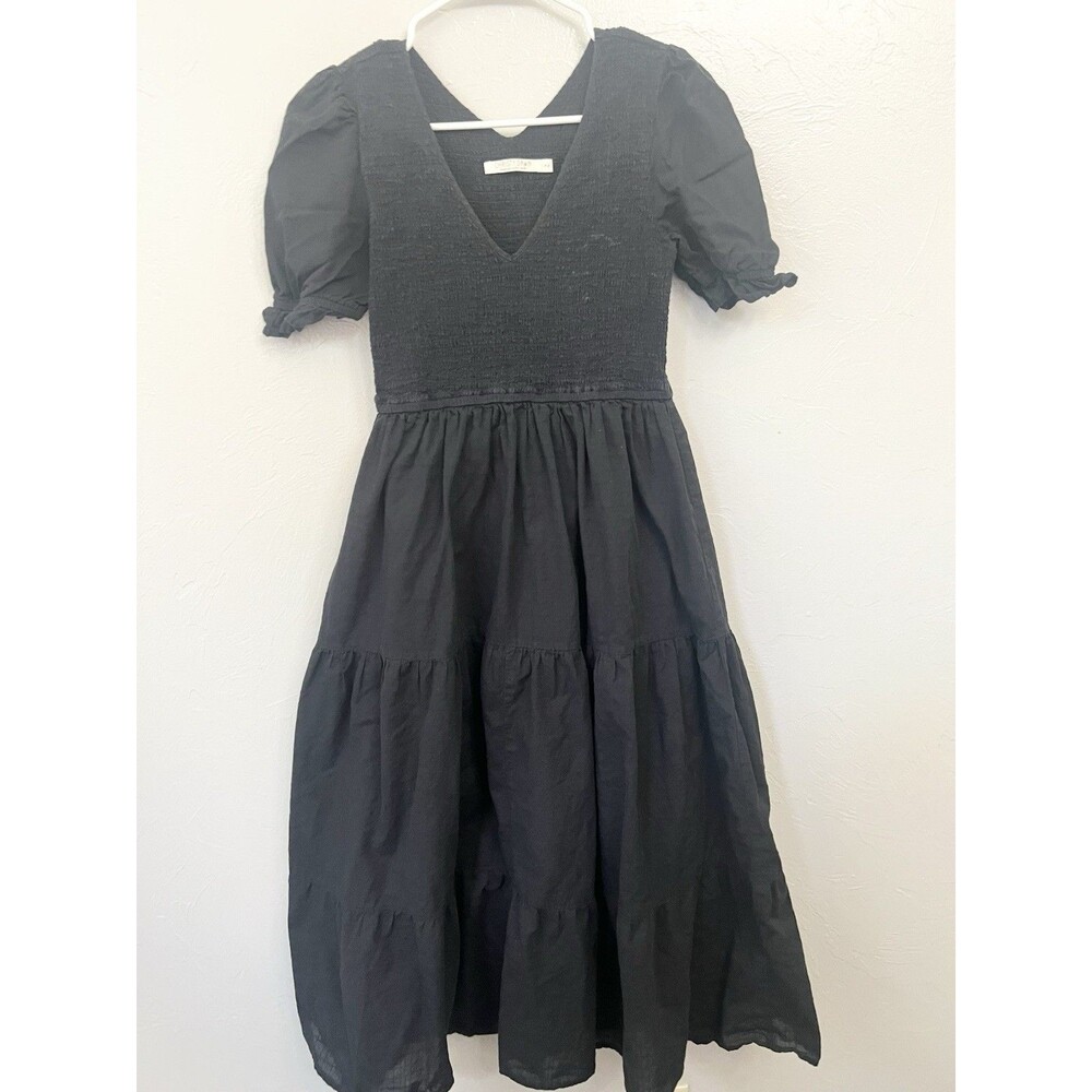 Christy Dawn Black Smocked Midi Dress S Organic Cotton Puff Sleeve Cottage Read